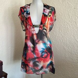 Becca by Rebecca Virtue Semi Sheer Chiffon Cutout Vibrant Swirl Swim Cover Up